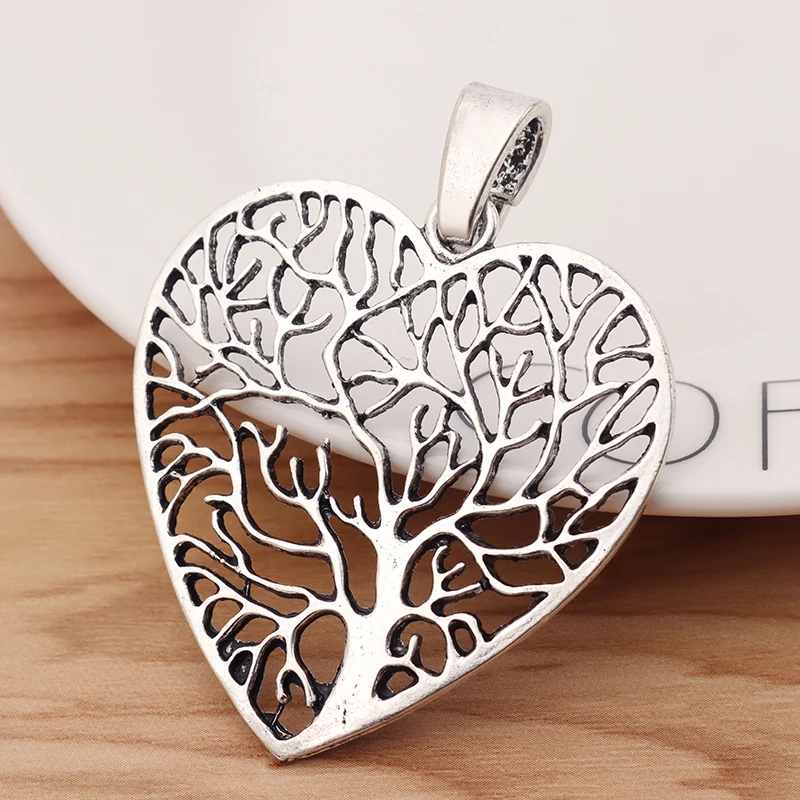 2 Pieces Tibetan Silver Large Tree Life Heart Charms Pendants for Necklace Jewellery Making Findings 65x50mm