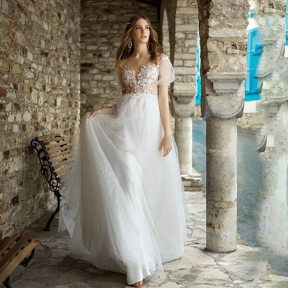 Vestido de novia bohemio con cuello en V, vestido de novia de tul de manga corta con purpurina, Apliques de encaje de princesa, perlas hechas A medida, línea A, 2021