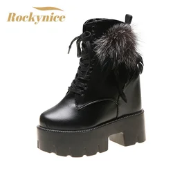 Women Platform Ankle Boots 2022 Winter Warm Fur Short Motorcycle Boots Woman 12CM High Heel Shoes Thick Sole Wedges Short Boots