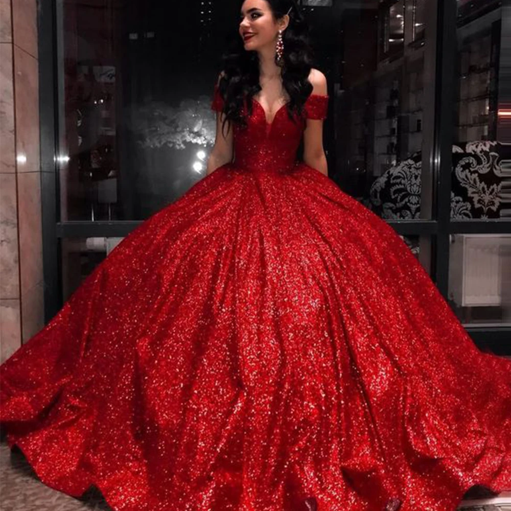 Shinny Red Sequins Quinceanera Dress Ball Gown Off Shpulder Evening Gown Lace Up Dubai Arabia customize vestidos de fiesta  السه