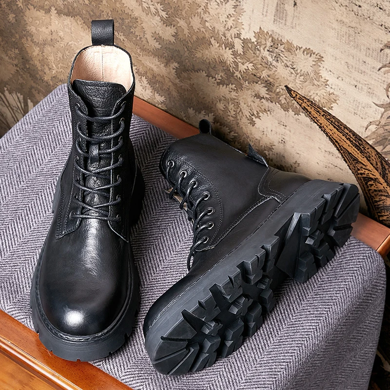 

Top Recommand ! Size 43 44 Men All Black Basic Boots Full Grain Leather Lace Up Cool Boy Students Shoes Gift