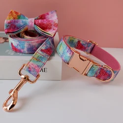 Pet Dog Cat Rainbow printing Collar Leash Set With Bling Bow Pet Puppy Neck Strap For French Bulldog Dogs Powdery bottom 01