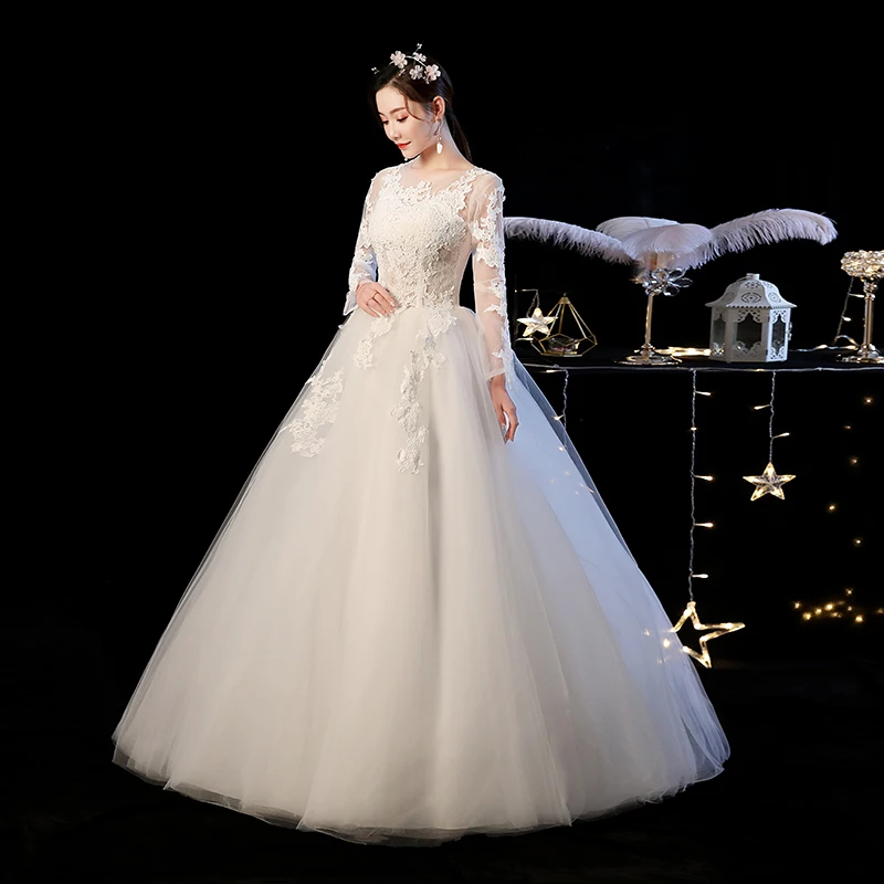 AnXin SH – robe de mariée princesse en dentelle, vintage, illusion de col rond, à manches longues, robe de bal de fête, à fleurs blanches