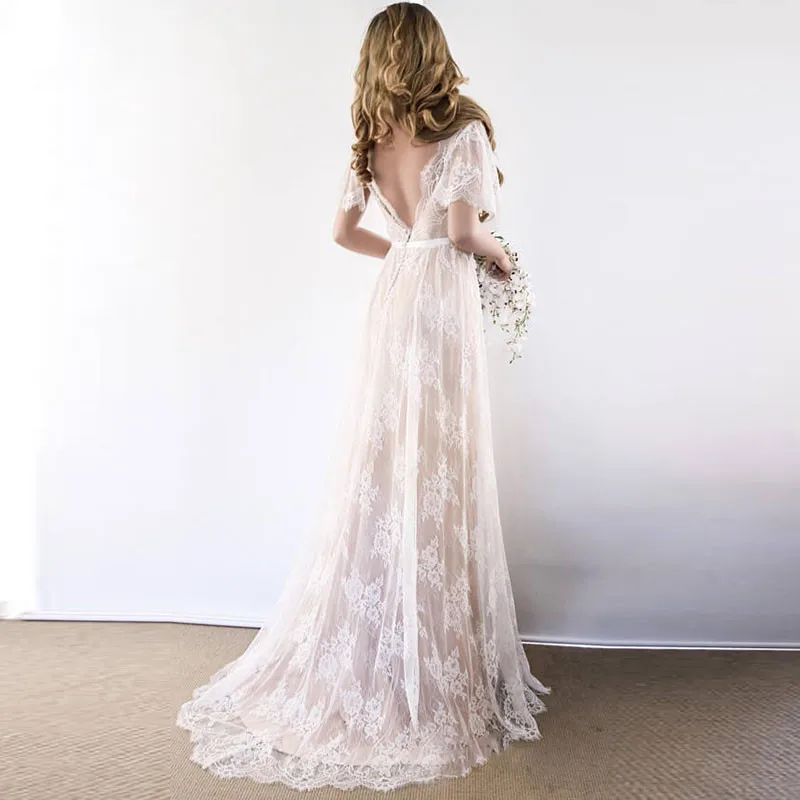 Elegant Boho Wedding Dress V Neck Cap Sleeve Lace Beach Wedding Gown Cheap Backless Custom Made A-Line Bride Dresses customized