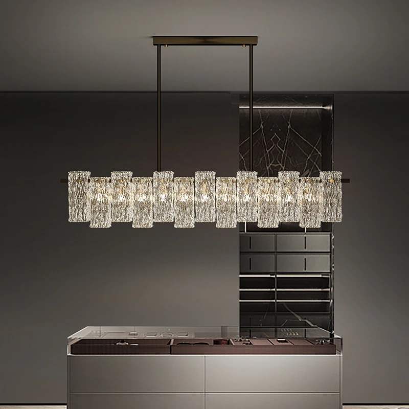 Lampadario moderno in cristallo da 100 cm Sala da pranzo Design rettangolare Sala da pranzo Isola Apparecchio di illuminazione Lampada a sospensione a LED in ottone di lusso