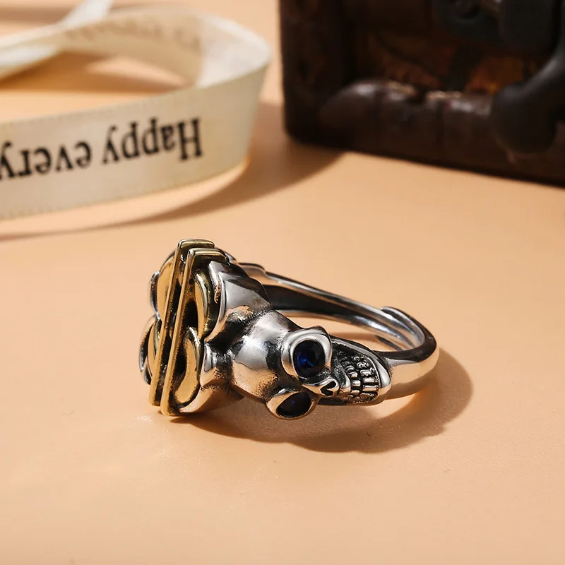 BOCAI New Trendy 100% S925 Ssilver Jewelry Dollar Label Zircon Skull Personality Retro Domineering Texture Men's Ring