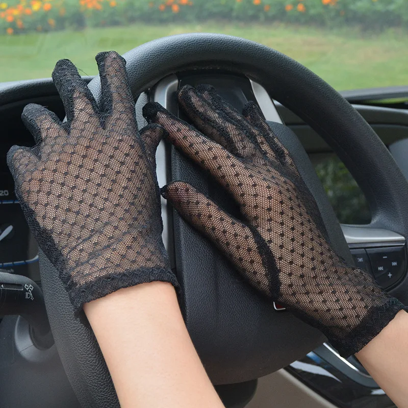 Guantes de malla de encaje negro para mujer, malla transpirable, protector solar, párrafo corto, transparentes, de alta elasticidad