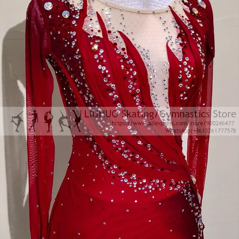 Figure Skating Dress Girl Ice Skating Competition Red Elegant Performance Rhythmic Ballroom Dance Leotard Artistic Costume Women