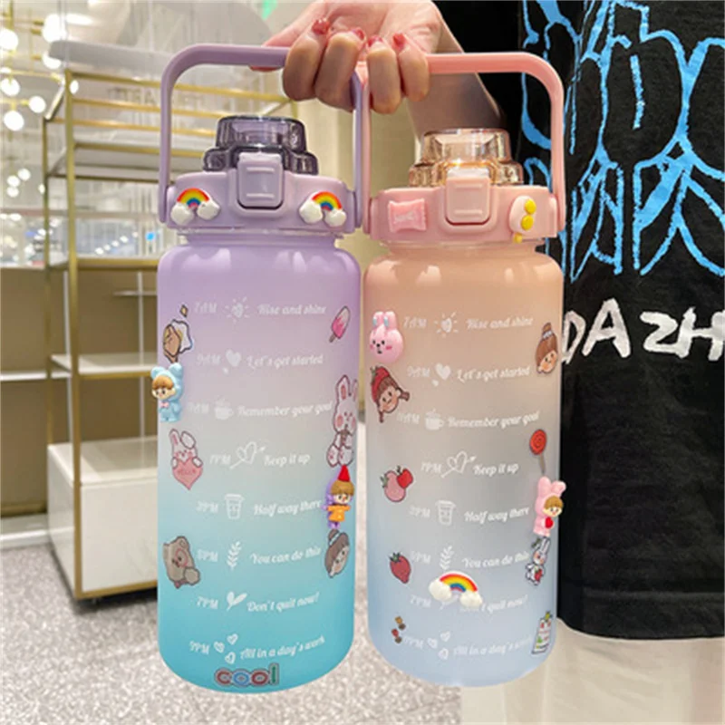 

2L Large Capacity Water Bottle Outdoor Tour Climbing Hiking Self-Driving sport Water Bottle with Stickerstime Marker Fitness Jug