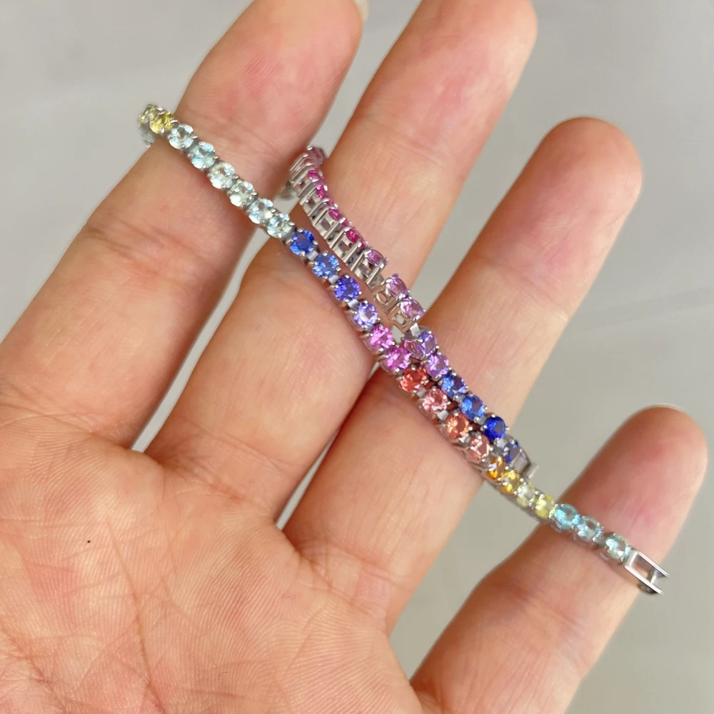 Meisidian 3MM 17cm Stainless Steel Plated White Gold Rainbow Sapphire Tennis Link Bracelet For Women