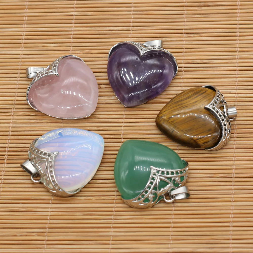 Natural Rose Quartzs Amethysts Pendant Metal Alloy Heart Shape Stone Pendants for DIY Jewelry Making Necklace 32x35mm