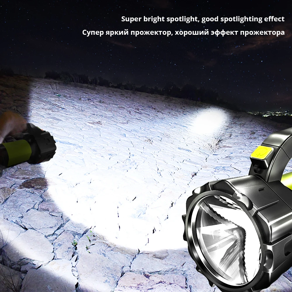 Potente linterna LED portátil, reflector con luz lateral, 6 modos, resistente al agua, USB, 18650, para pesca