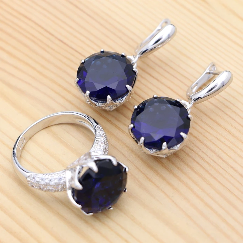 

Sapphire Ring Earrings 925 Sterling Silver Jewelry Set Wedding Accessories for Women Birthday Gift