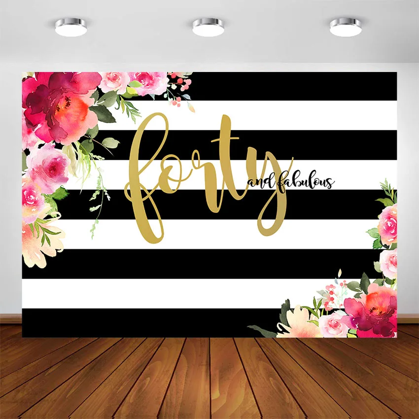 Fondo de rayas de flores para mujer, telón de fondo de 40 °, 50 °, 60 ° cumpleaños, fotografía de fiesta de cumpleaños