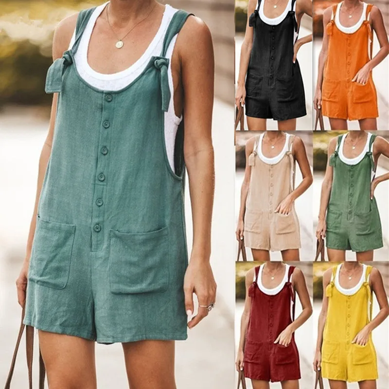 Summer Women Sleeveless Overalls Elegant Jumpsuits Romper Casual Vintage Ladies Short Pants Cotton and linen Wide Leg Pants 1