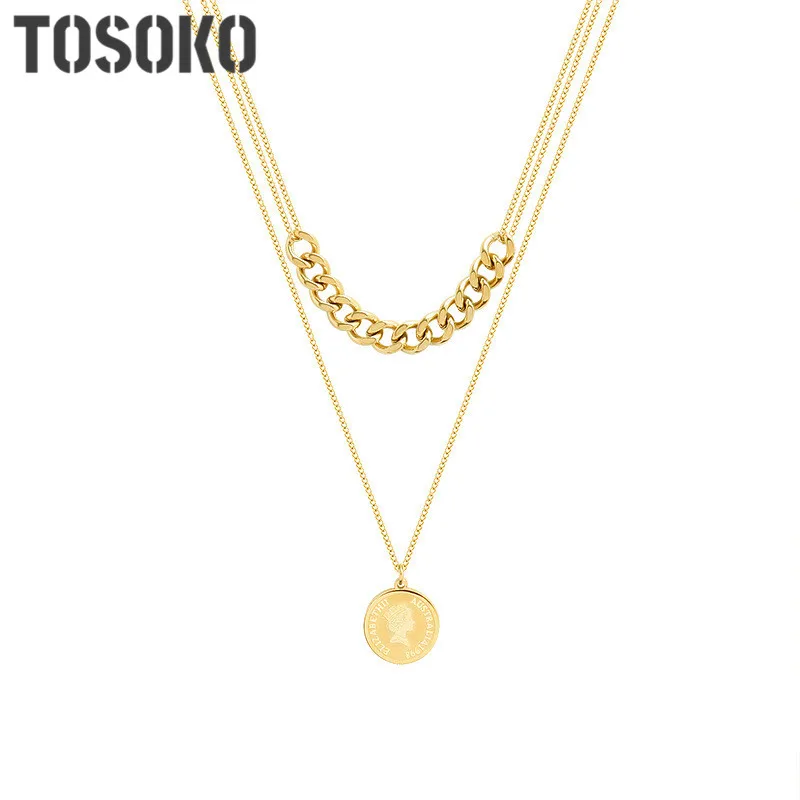 

TOSOKO Stainless Steel Jewelr Hip Hop Stitching Chain Double Fold Wearing Round Card Pendant Necklace Female Sweater Chain P846