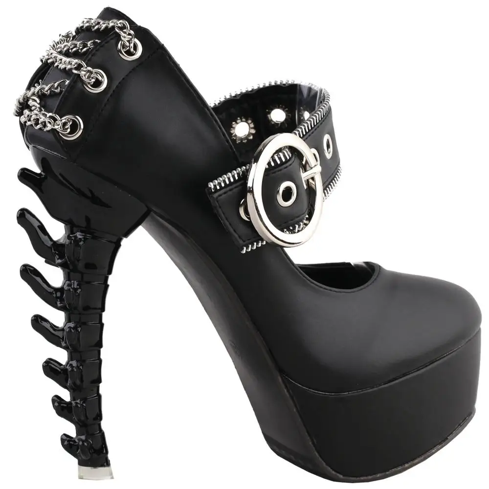 LF80715 SHOW STORY Retro Black Buckle Metal Chain Zip Mary-Jane Gladiator Platform Bone Heels Pumps