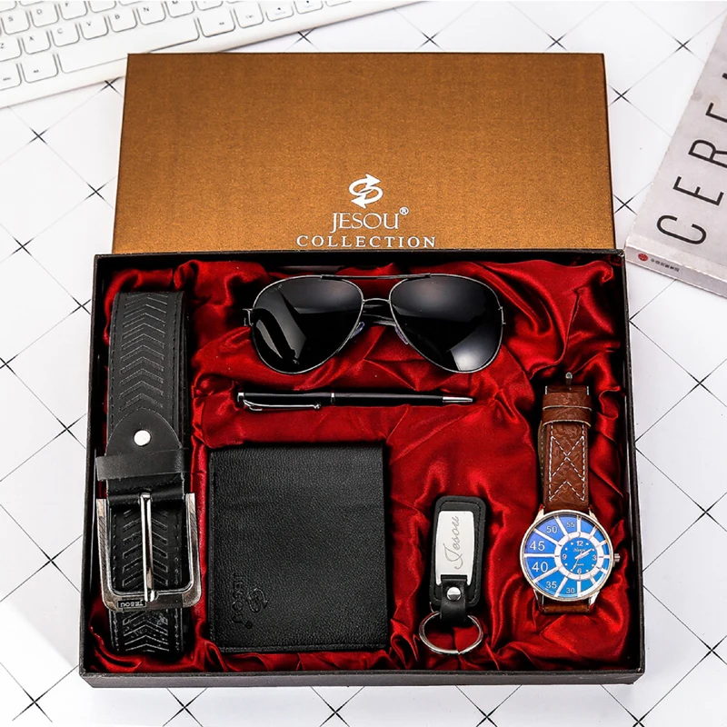 Fashion Men Watch Luxury Gifts Set Sunglasses Top Quality Belt Wrist Watch Wallet Key Ring pen  For Men Valentine\'s Christmas