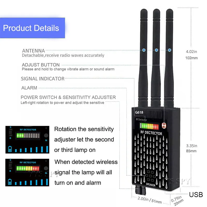 Imagem -04 - Detector Antena Anti Spy Garget Scanner rf Sinal de Áudio Gsm Bug Rastreador Gps sem Fio Escondido Câmera Localizador Profissional G618