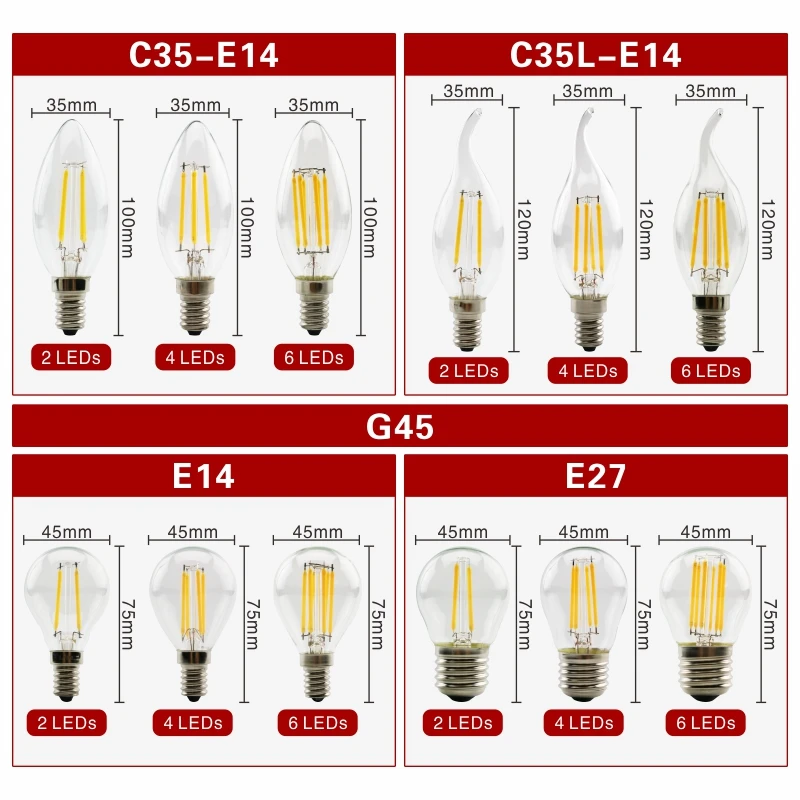 6pcs/lot E27 E14 Retro Edison LED Filament Bulb Lamp AC 220V-240V C35 G45 A60 ST64 G80 G95 G125 Glass Bulb Vintage Candle Light