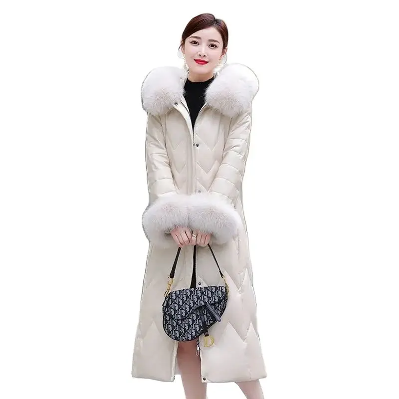 6XL PU Leather Down Jacket Women Over The Knee Slim Haining Sheep Skin Fox Fur Collar Leather Jacket Women Hooded Fur Outwear