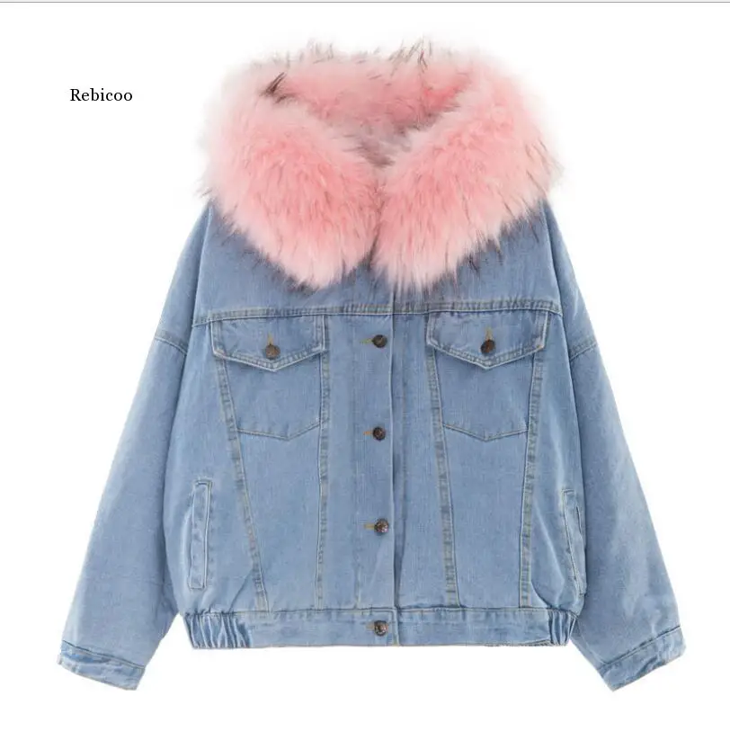 Streetwear Removable Fur Collar Thick Short Denim Coat Women Winter Warm Big Pocket Jean Jacket Loose Single Breasted Tops Coat