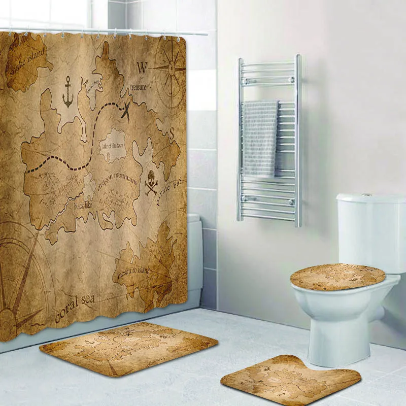 

Medieval Pirate Map Bathroom Curtains Shower Curtain Old Sea Treasure Adventure Footpath Bath Curtain Toilet Mat Rug Set Decor