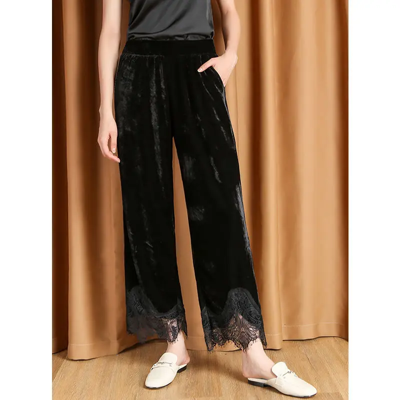 Autumn And Winter Women'S Gold Velvet High-Waisted Trousers Women'S Lace Wide-Leg Pants Loose Temperament Casual Pants 2024 New