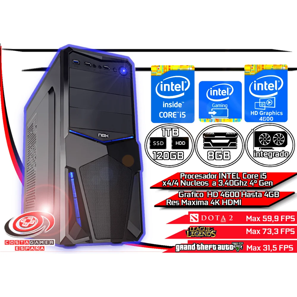 Gaming computer Pc Intel Core i5 study work 4 ° Gen 8GB DDR3 120GB + 1TB graphic HD 4400 Win10