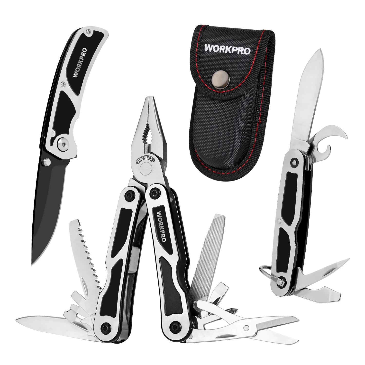WORKPRO-15 인 1 멀티 플라이어 스테인레스 스틸 멀티 도구 와이어 스트리퍼, 크림핑 도구 나이프 케이블 커터 야외 캠핑 멀티 도구
