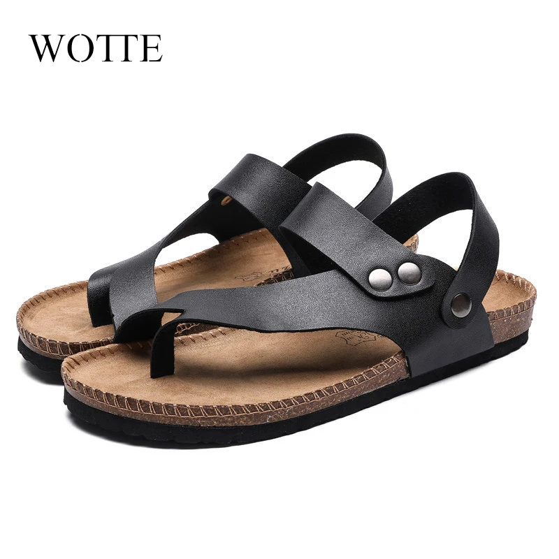 2024 Summer Men Sandals Cork Beach PU Leather Female Shoes Back Strap Soft Bottom Comfort Solid Ladies Footwear Big Size 45