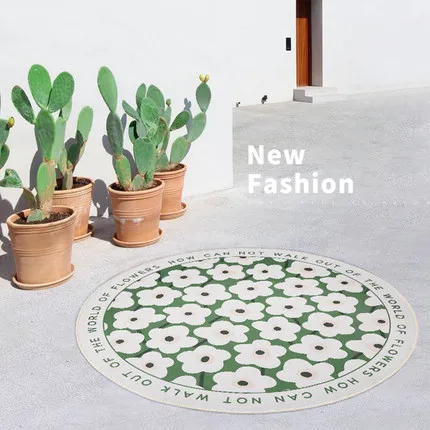 

Non-Slip Round Floral Carpet, Green, Yellow Letter, Bedroom, Living Room, Home Floor Mat