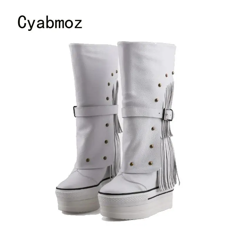 Cyabmoz Winter Snow Boots Shoes Woman Genuine Leather Tassel  Rivet Party High heels Height increasing Short Boots Women Shoes