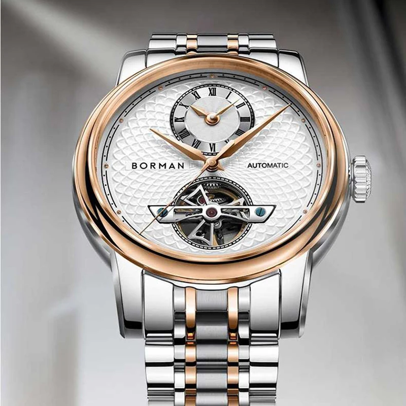 ساعة ميكانيكية أوتوماتيكية للرجال، ساعات رجالي بورمان فاخرة للرجال، ساعة يد ذاتية الرياح مقاومة للماء، هيكل عظمي، حزام فولاذي