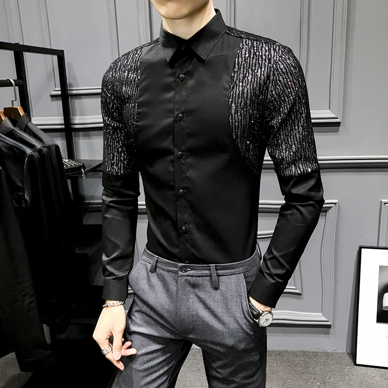 Club Casual Night Prom Tuxedo 4XL High Quality Korean Male Shirt Long Sleeve 2020 Spring New Patchwork Men Dress Shirts Slim Fit