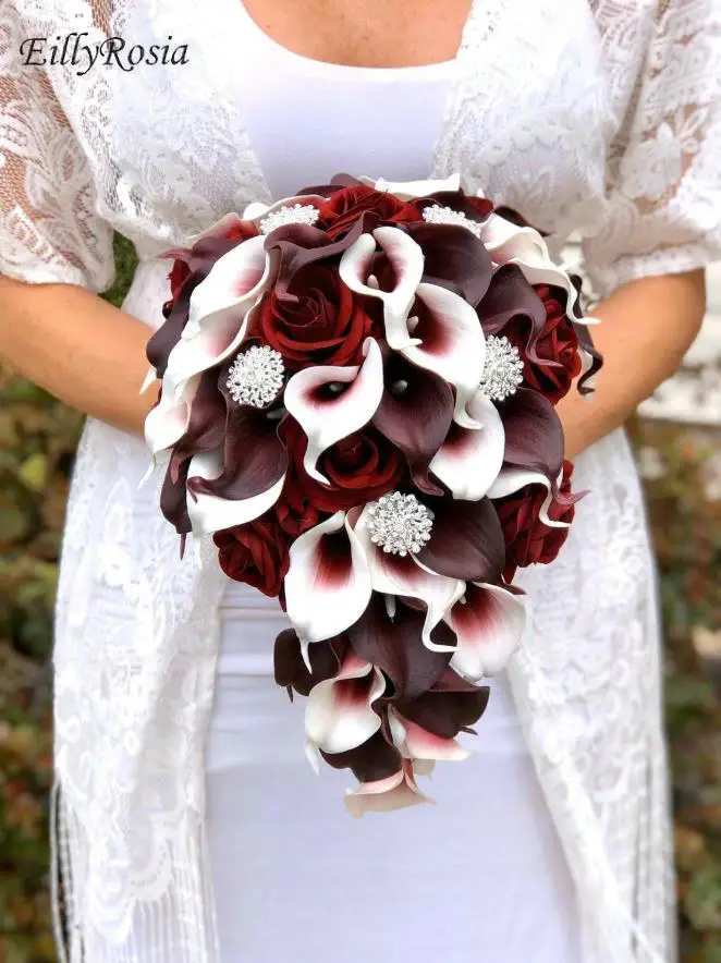 EillyRosia Cascade Burgundy Bridal Buquet for Bride Teardrop Calla Lilies Roses Elegant Brooch Bouquet Fleur Artificielle Retro