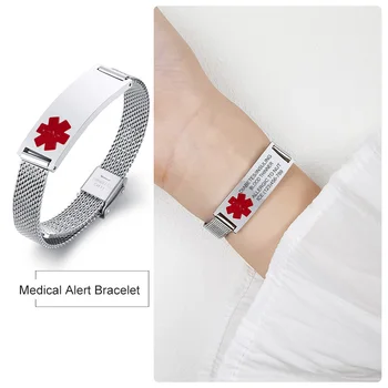 Pulseira de malha de alerta médico personalizada id pulseira para diabéticos para mulheres homens aço inoxidável personalizado alergia pulso de emergência