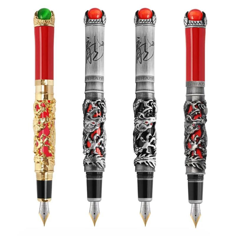 New Jinhao Dragon King Ancient Fountain Pen Metal Embossing Hi-tech, Gray & Red & Gold Color For Office & Home Business