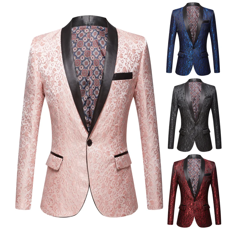 New Pink Royal Blue Burgundy Floral  jacquard  Tuxedos Shawl Lapel Men Suits Wedding Groom Prom Slim Fit Tuxedo Party Dinner