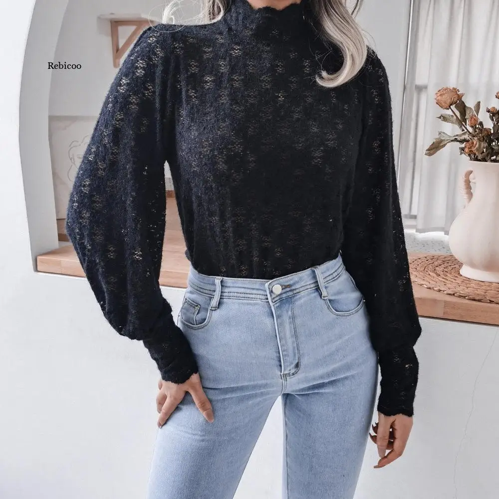 

Elegant White Lace tops Lantern Long Sleeve Standing Collar Fashion Woman Blouses 2021 Blusas Femininas Blouse Shirt