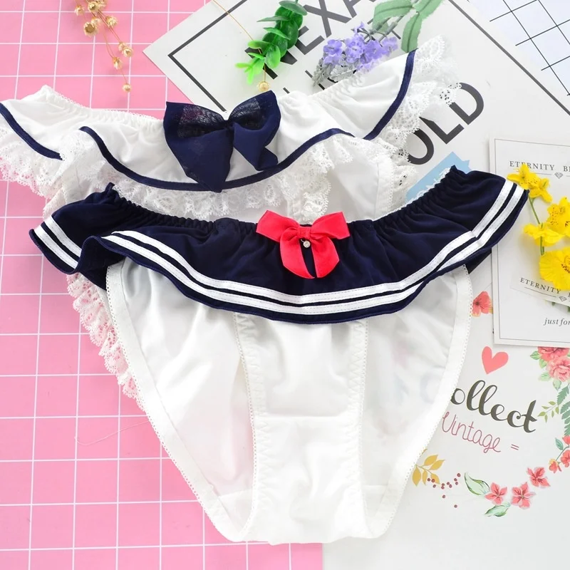 SP&CITY Japan Style Cosplay Cartoon Panties Women Sexy Navy Wavy Lace Underwear Cute Girl Bow Milk Silk Ruffles Lingerie JK