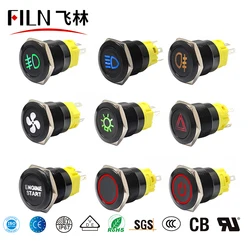 FILN-Panel de luz indicadora LED de advertencia, 12V, 19mm, interruptor de botón de Metal, bloqueo y encendido apagado momentáneo con símbolo de logotipo de tablero