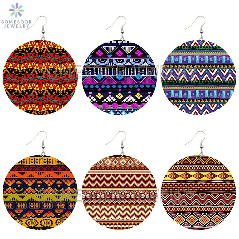 SOMESOOR Afrocentric Ethnic Fabric Designs Collection African Wooden Drop Earrings Printed Bohemian Loops Dangle For Women Gifts