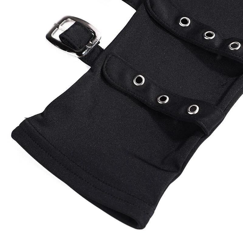 Women Half Finger Metal Buckle Belt Rivet Punk Hip Hop Party Cosplay Dance Mitten Sexy Black Fingerless Milk Silk Glove R46