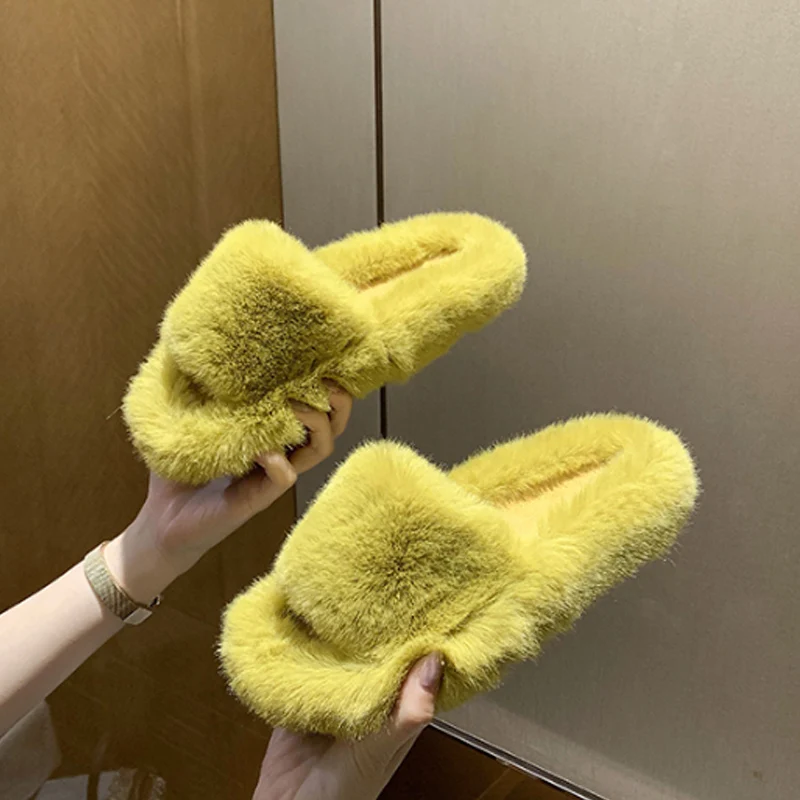 

Faux Fur Home Slippers Fluffy Women Shoes Slides Comfort Furry Flat Sandals Female Cute Indoor Slippers for Woman Flops2020