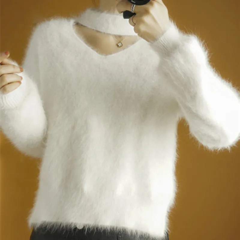 Autumn winter women angora rabbit Long sleeve Knitted pullovers sweater keep warm Cutout Collar V neck for 2023 wsr780