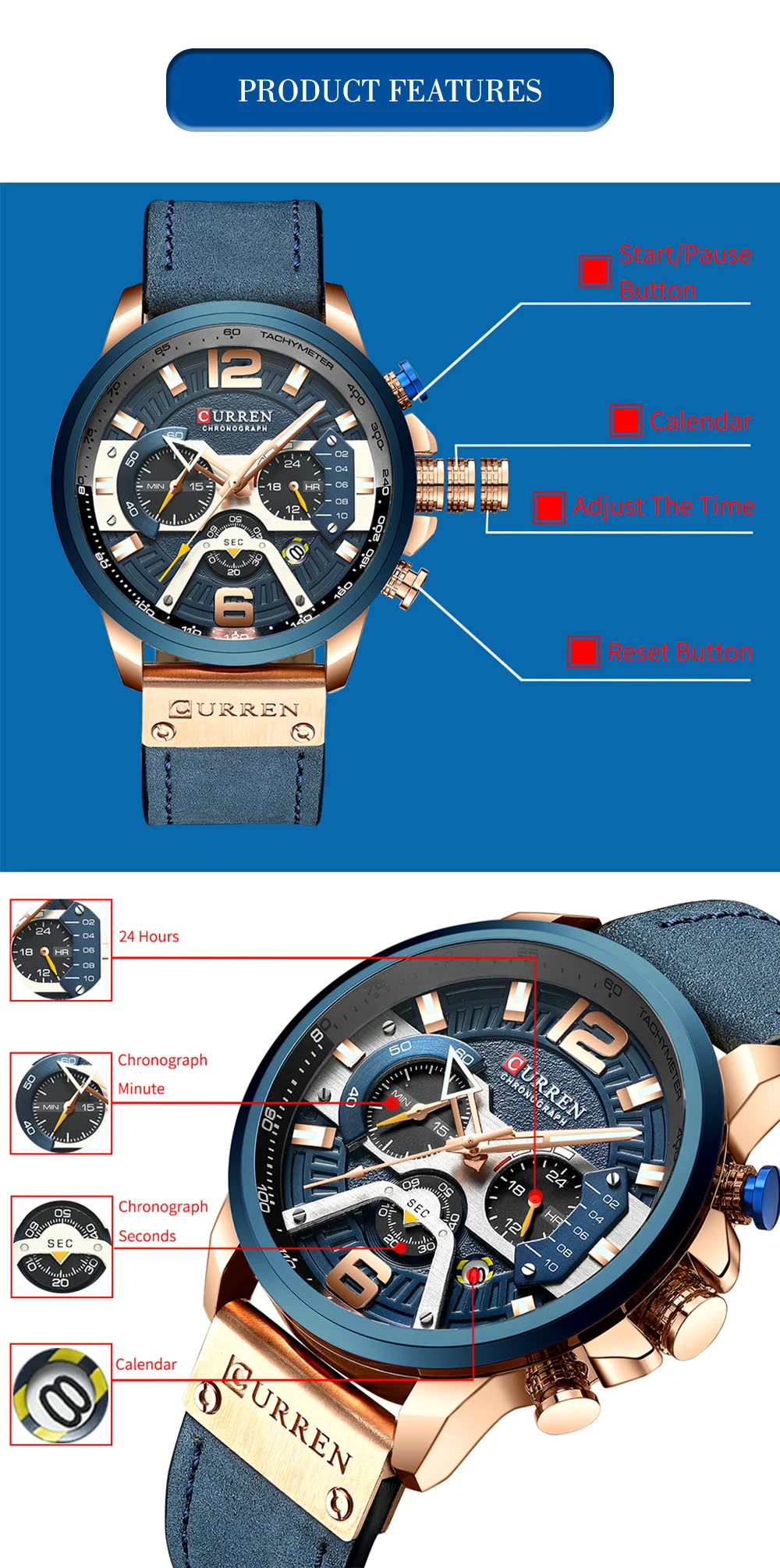CURREN Neue männer Casual Sport Chronograph Blau Top Marke Luxus Military Leder Uhr Kalender Uhr Relogio Masculino – Detail 4