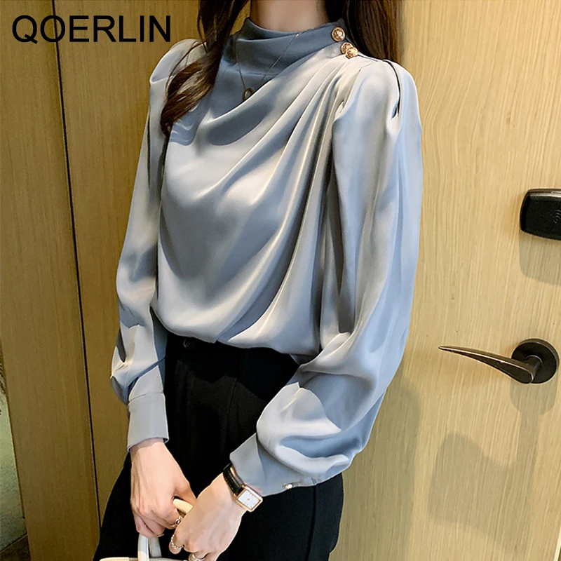 Chic Elegant Korean Stand Collar Lantern Sleeve Fashion Long Sleeve Shirt Blouse New Zipper Fly Pleated Blouse S-2XL Pullover