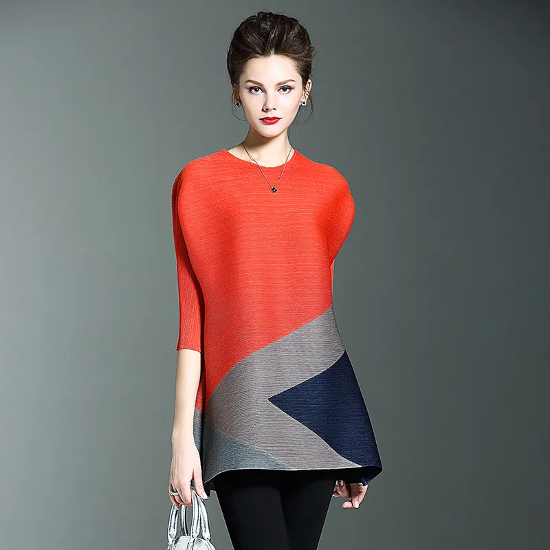 

New Pleated Dress Women Spring Summer Short Sleeve Large Size Pullover Tops Female Elegant Color Matching Dress Vestidos W1846