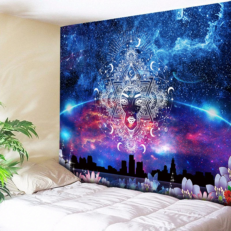 Magical Blue Sky Moon Dream Catcher Stars Starry Art Tapestries Trippy Misty Space Scene Tapestry, for Home Decor Background